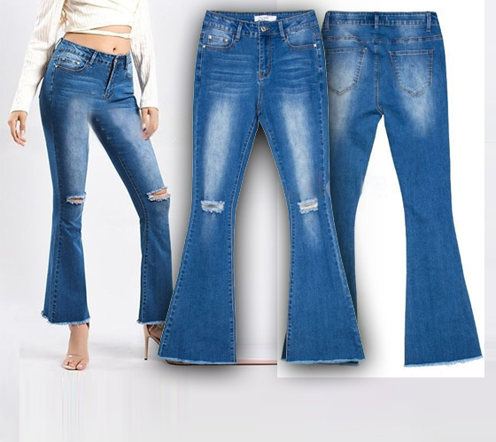Ladies Fashion Wide Leg Pants Flared Jeans Pants w