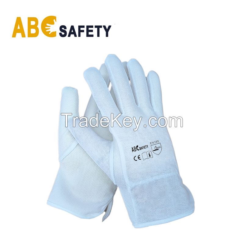 Bleached Polyester Cotton Work Glove, Wing Thumb Design, Mini Dots on Palm & Fingers, Elasticated Wrist Cuff Without Buckle