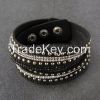 Handmade adjustable cuff leather rope weave rhinestone unisex bracelet