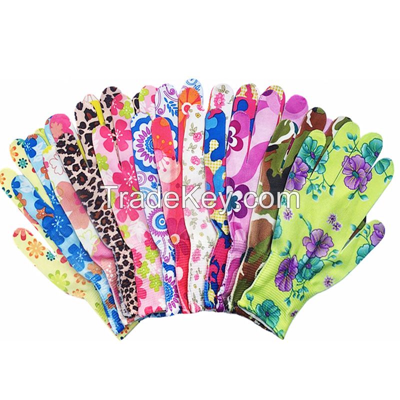 Summer nylon gloves without glue, patterned labor protection gloves, thin style, breathable for tea-picking and household chores