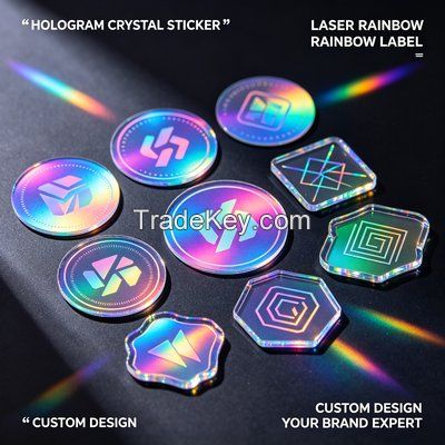 Custom Hologram Crystal Sticker, Laser Rainbow Label, Gold Foil Transfer Sticker, Color Gold Crystal Label OEM