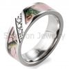 Men's 7mm Pink Branches Camo Titanium Ring Diagonal Grooved Design with 3 CZ Stones Inlay