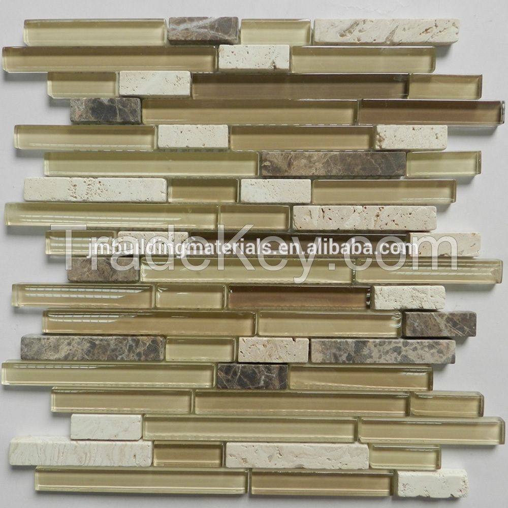 beige linear glass mix stone mosaic tiles--glass mosaic