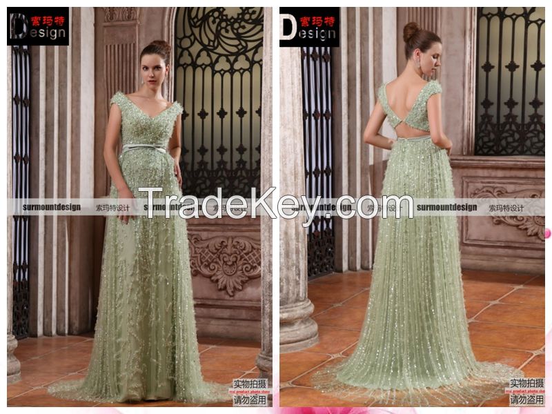 100% Real Sample Luxurious Mint Blue Wonderful Beaded V-neck Evening Dress