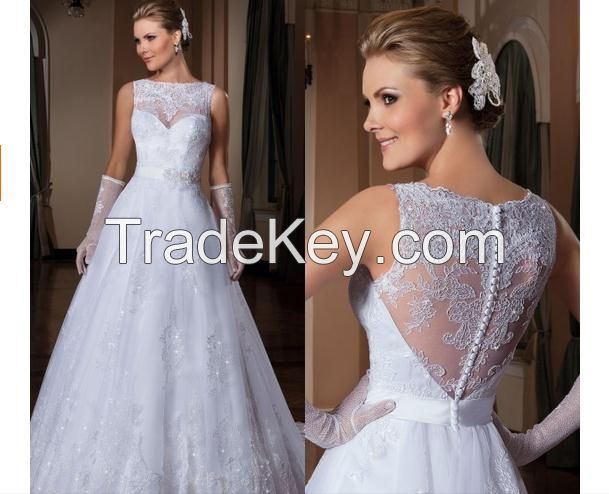 Vestidos de noiva Scoop Beaded See Through Corset White Lace Wedding Dress 2015