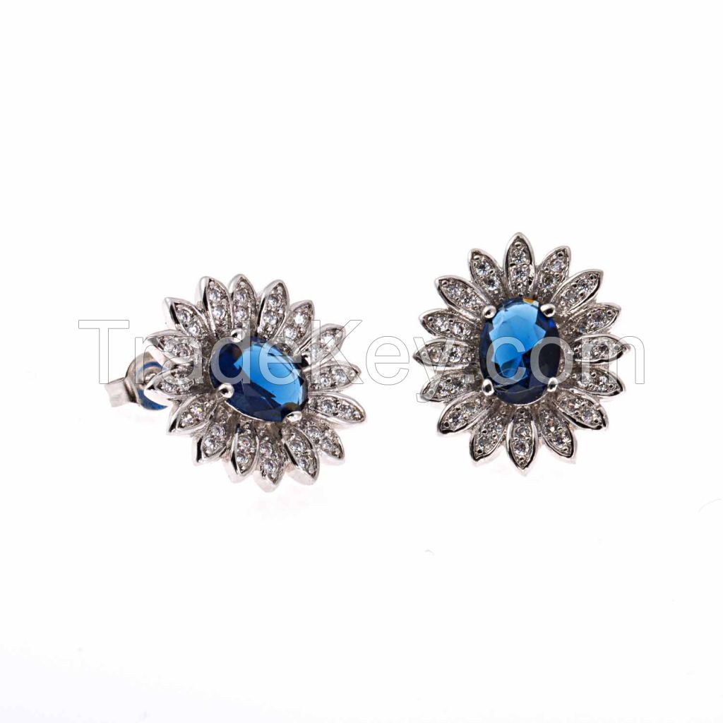 gemstone sapphire earrings with white rhodium plating