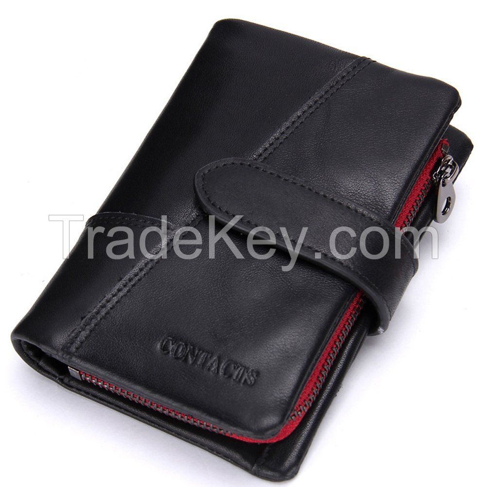 Men's Genuine Leather Wallet Bifold Card Holder Coin Pocket Purse Short Wallet (Black)