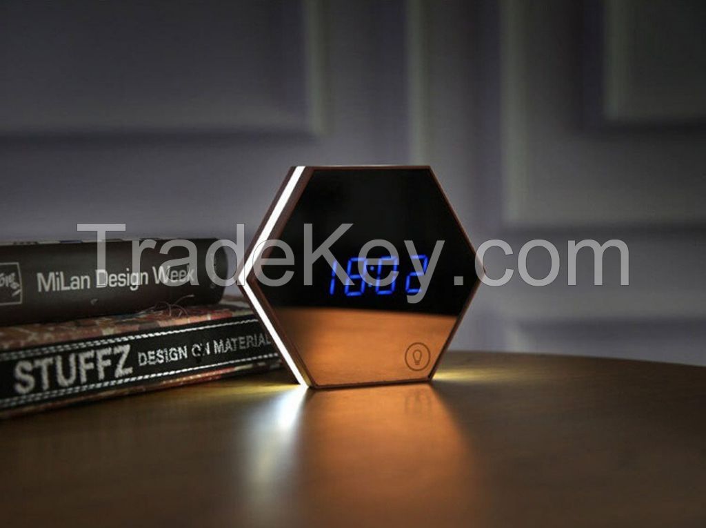 Hexagon Mirror Glass Electronic Alarm Clock Snooze LED Night Light Thermometer Digital Wall Clock