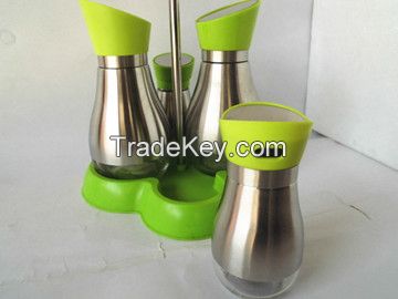 Glass color matching salt and pepper grinder and bottle rack with stainless steel set