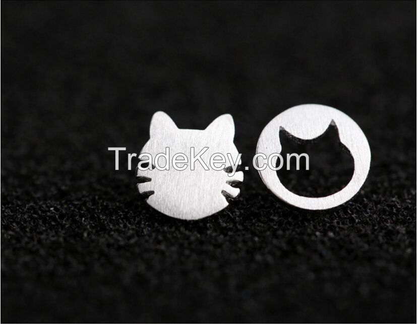 Brushed silver cat cutout earrings, hollow cat sterling silver 925 earrings, unsymmetrical earrings, allergy free, earrings for women, gift