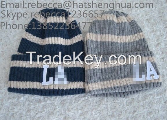 wholesale customer strip beanie with leather patch