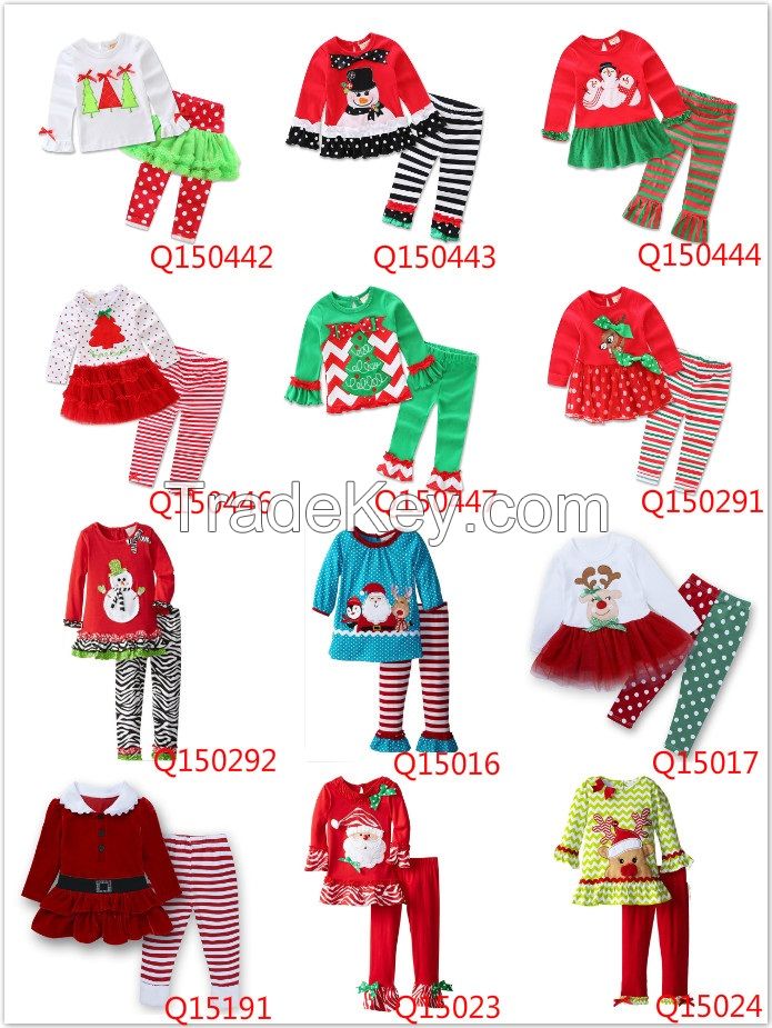 7 Styles Children Kids Christmas Xmas Clothes 2PCS Outfits Girls Snowman Design Ruffles Dress Tutu Pants Pre School Clothing Sets For 1-5T