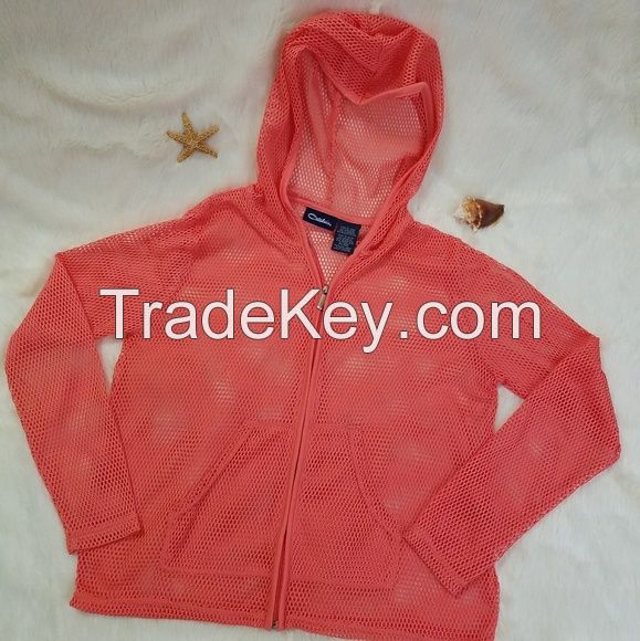 Red Mesh See Through Beach Cover Up Hoodie