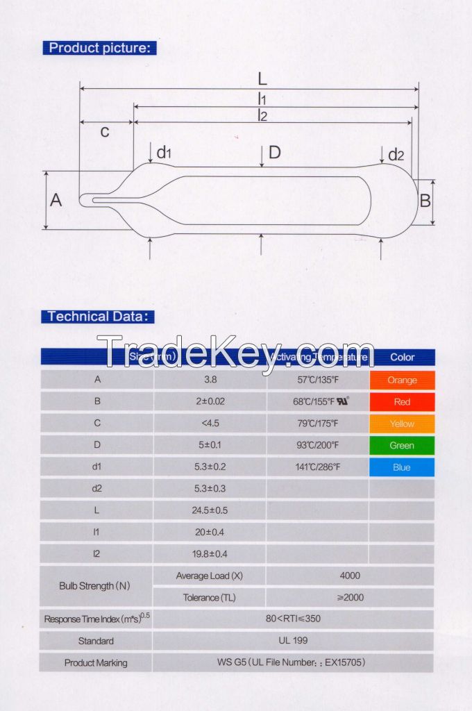 UL approved standard response OD5mm 68 Celsius/155F sprinkler bulbs