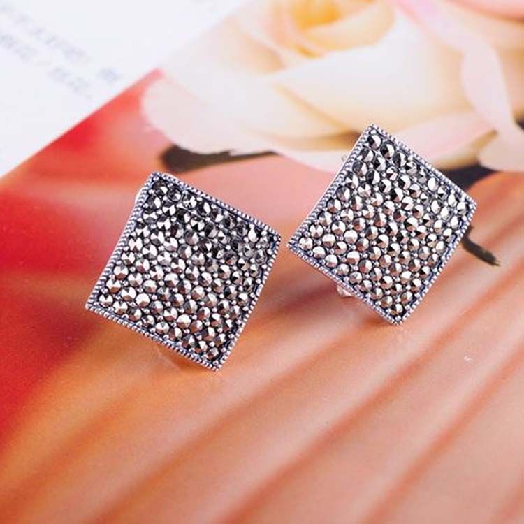 Thailand Silver Pave Marcasite Stud Earrings Women's Vintage Jewelry (E11063)