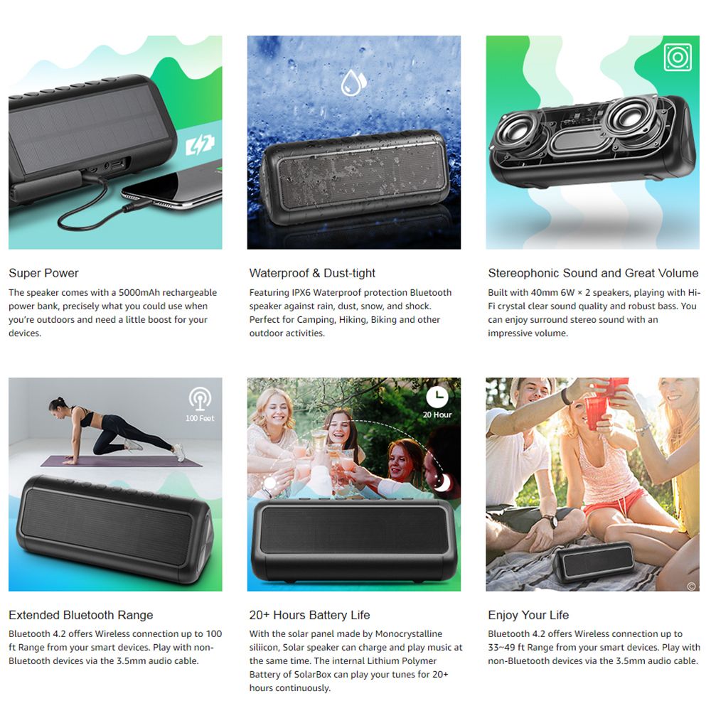 DBK Solar Bluetooth Speaker with 5000mAh Power Bank