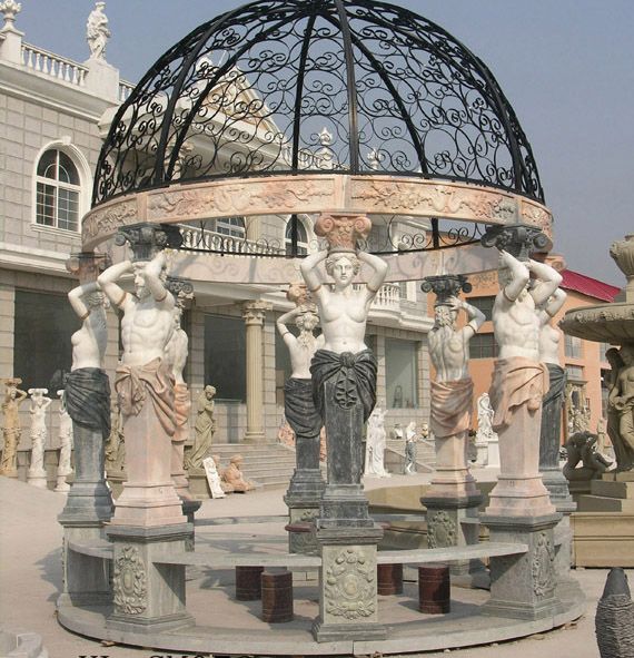 Hand carved marble figure gazebo with iron roof