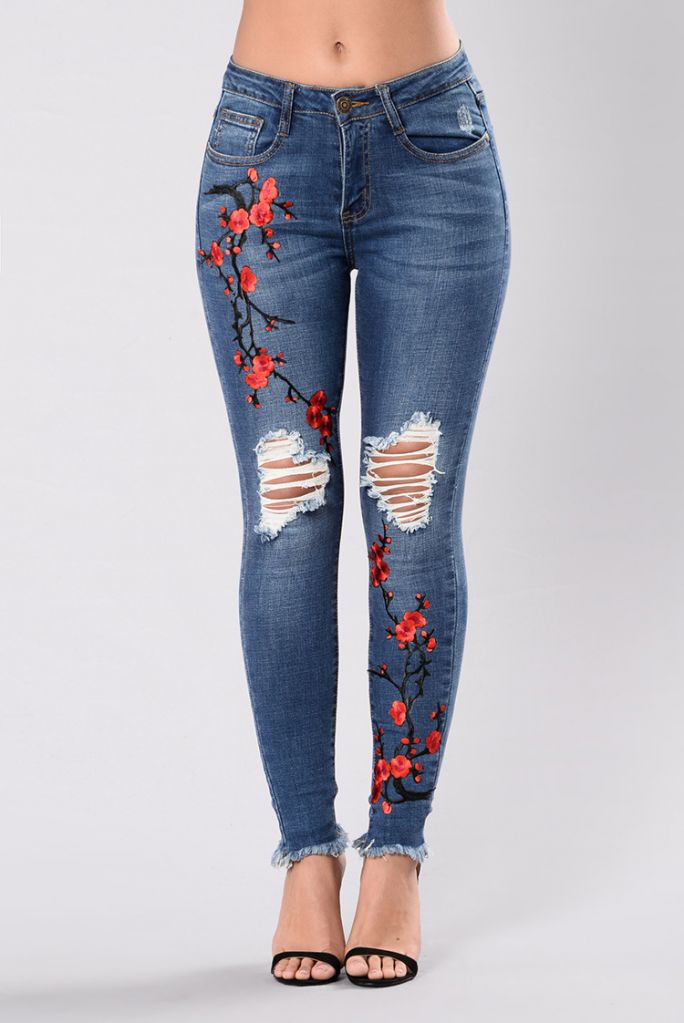 Foreign trade women's embroidered torn stretch jeans