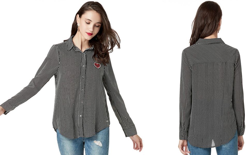 Women Long Sleeve Casual Stripe Blouse Shirts