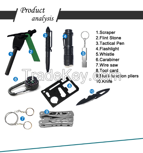 sos survival box  Multifunctional Outdoor Survival Kits with 12 tools including  Compass, Whistle