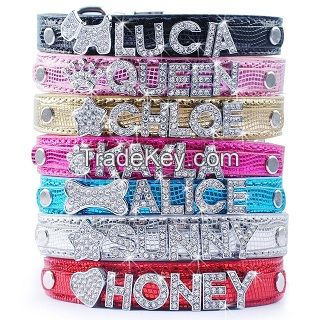 stocked Fine PU leather personalized rhinestone bling  dog name collar