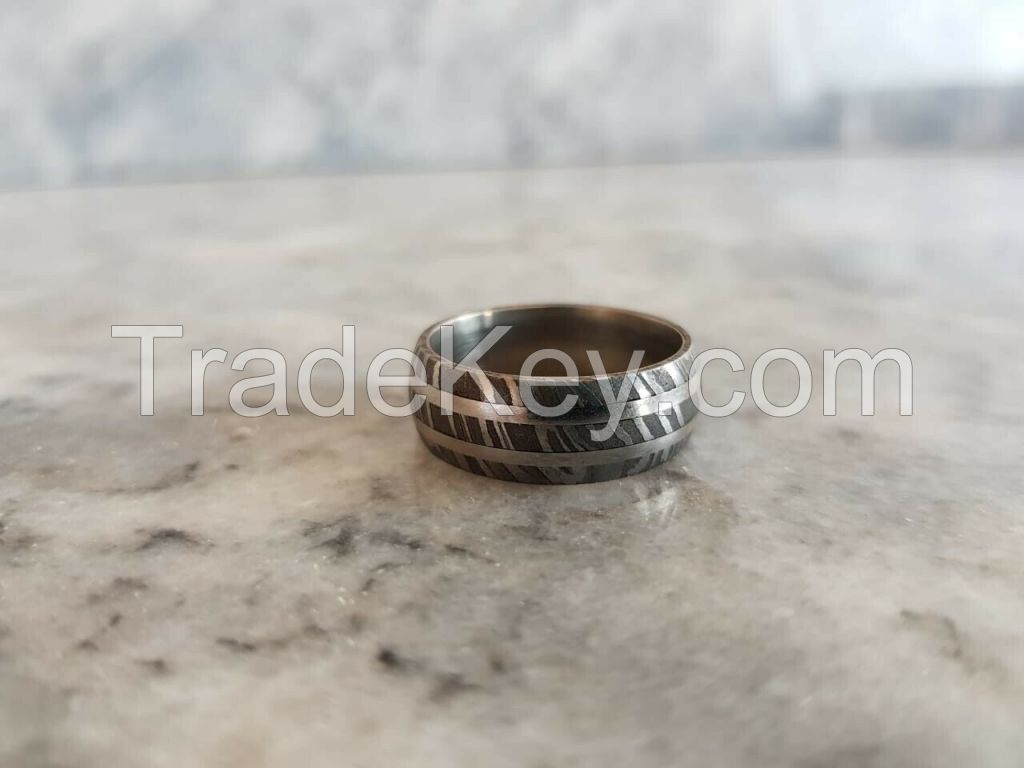 Custom Handmade Damascus Steel Band Double Silver Line Best For Wedding Gift 8mm