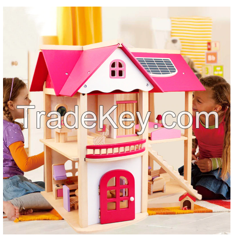 Kids Wooden Doll Villa with Doll Room Furniture Doll house