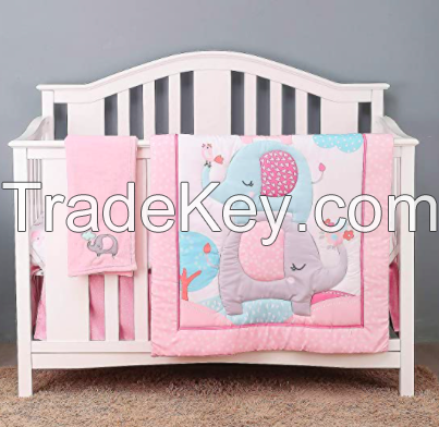 Sell 4 Piece Nursery Bedding Set - Baby Girl Crib Bedding Set Pink Elephant Nursery Bedding Crib Set  Crib Comforter, Fitted Sheet, Dust Ruffle, Blanket