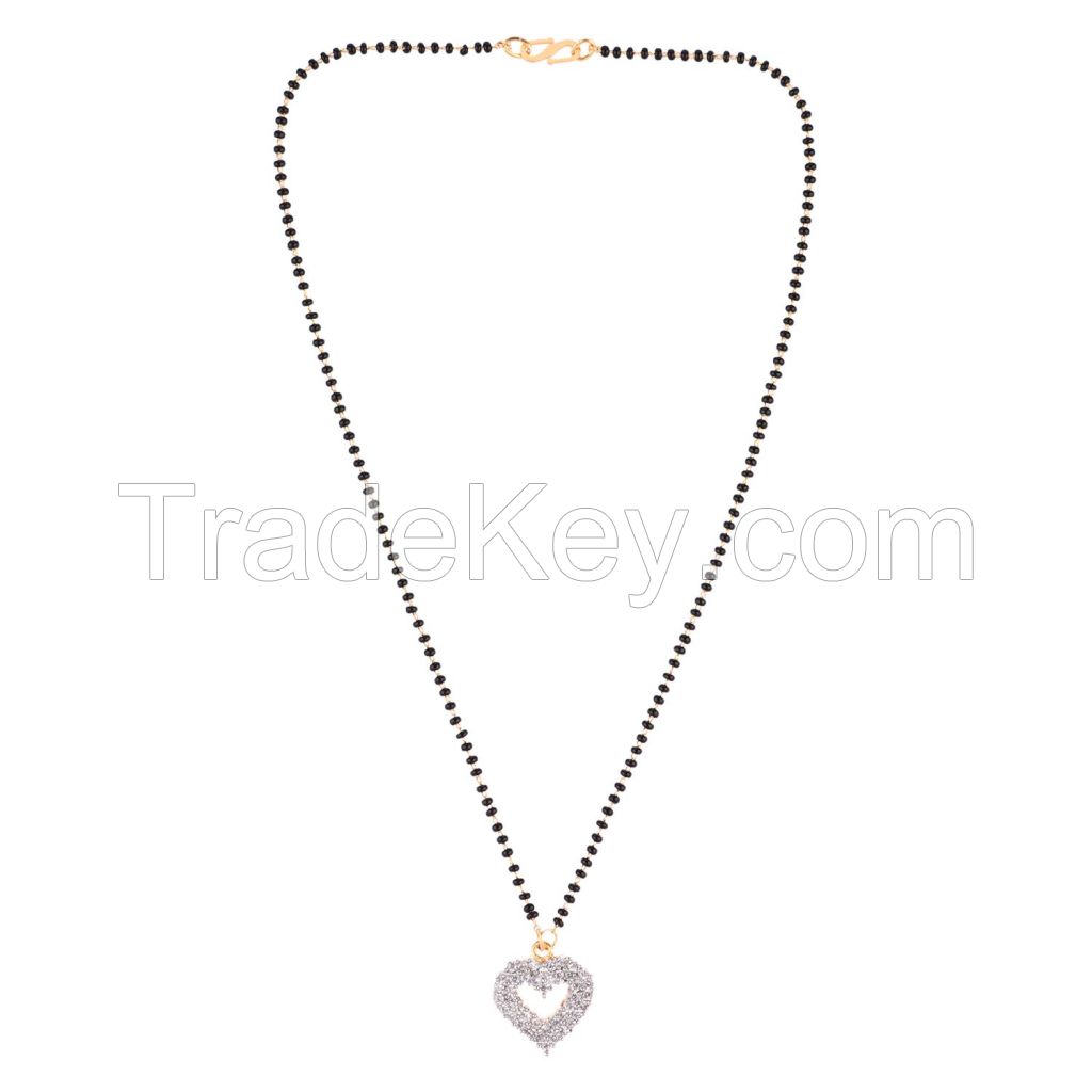 Indian Mangalsutra Black Beaded CZ Heart Love Pendant Necklace Jewelry for Women