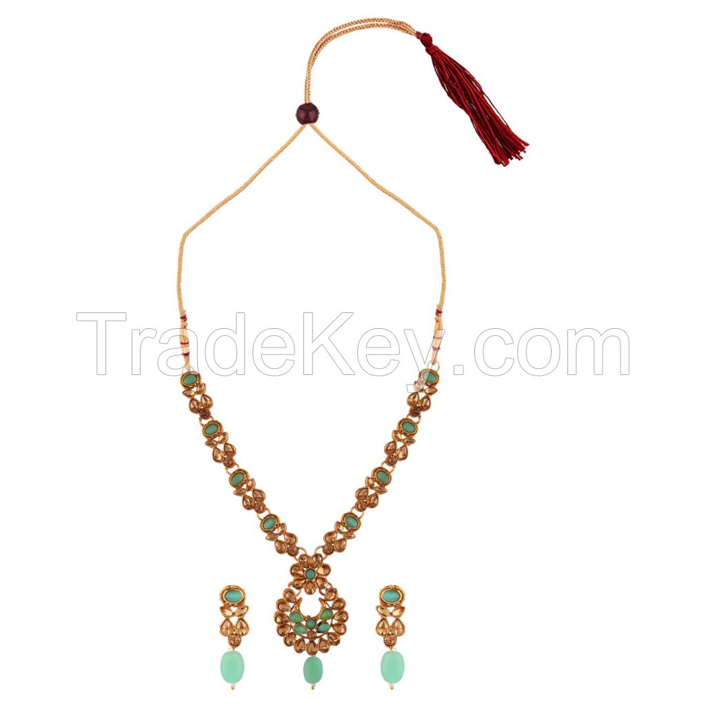 Indian Bollywood Traditional 14 K Gold Plated Pearl Kundan Crystal Wedding Pendant Necklace Earrings Jewelry Set