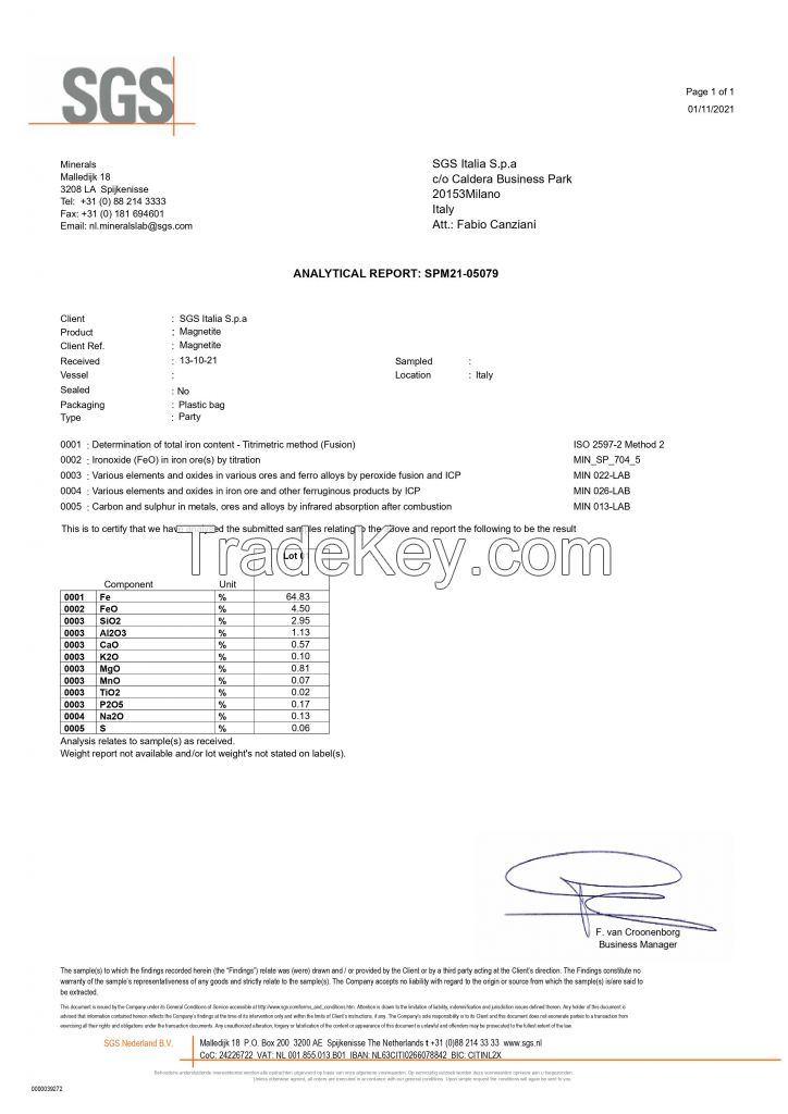 Magnetite Iron Ore Fe 64.5% min