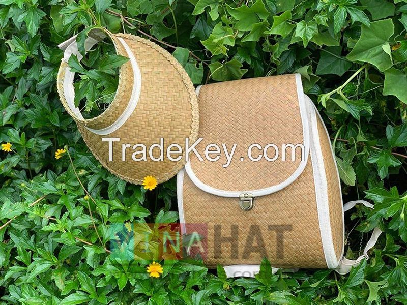 Nice Seagrass Wicker Straw Hat and Backpack Bag Set for Beach