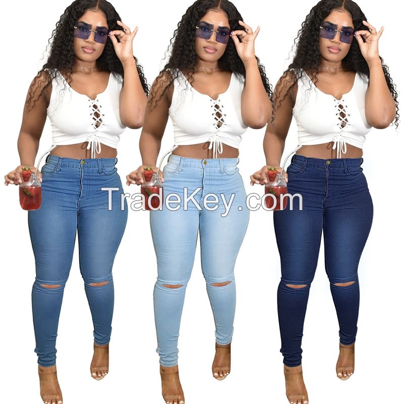 sell Foreign Trade Explosion Models Stretch Jeans Show Thin Knee Holes Feet Pants Women's jeans