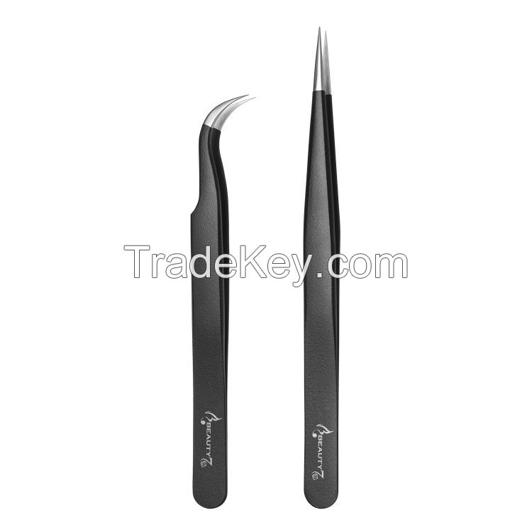 Lash Tweezers Set 2-Pcs Straight and Curved Anti-slip Black Coating Tweezers