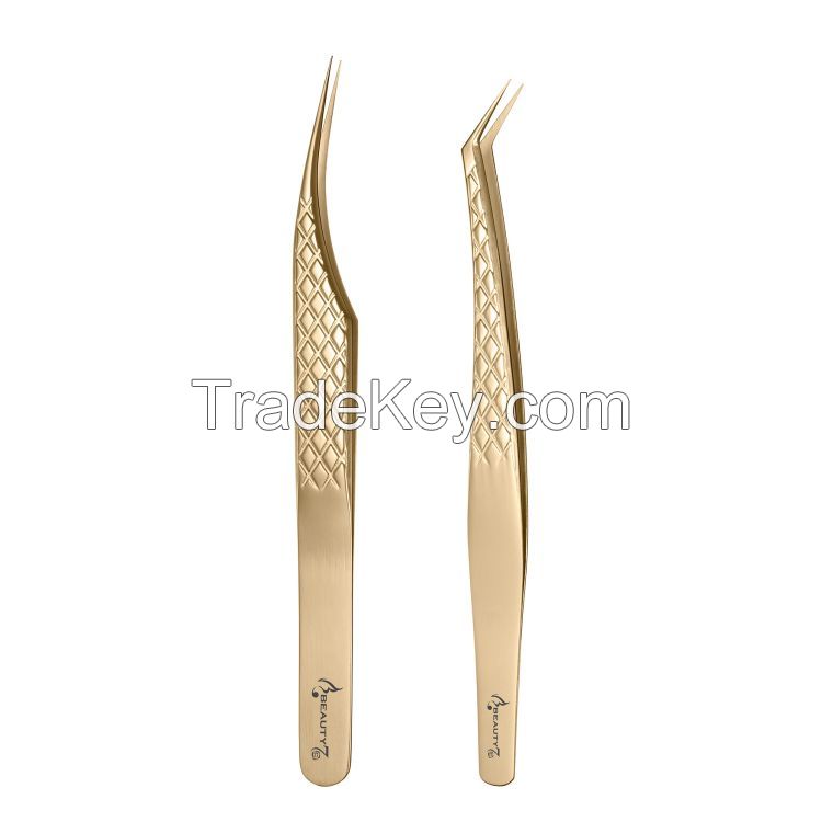 Lash Tweezers Set 2-Pcs Dolphin Shape/L Shape Gold Tweezers