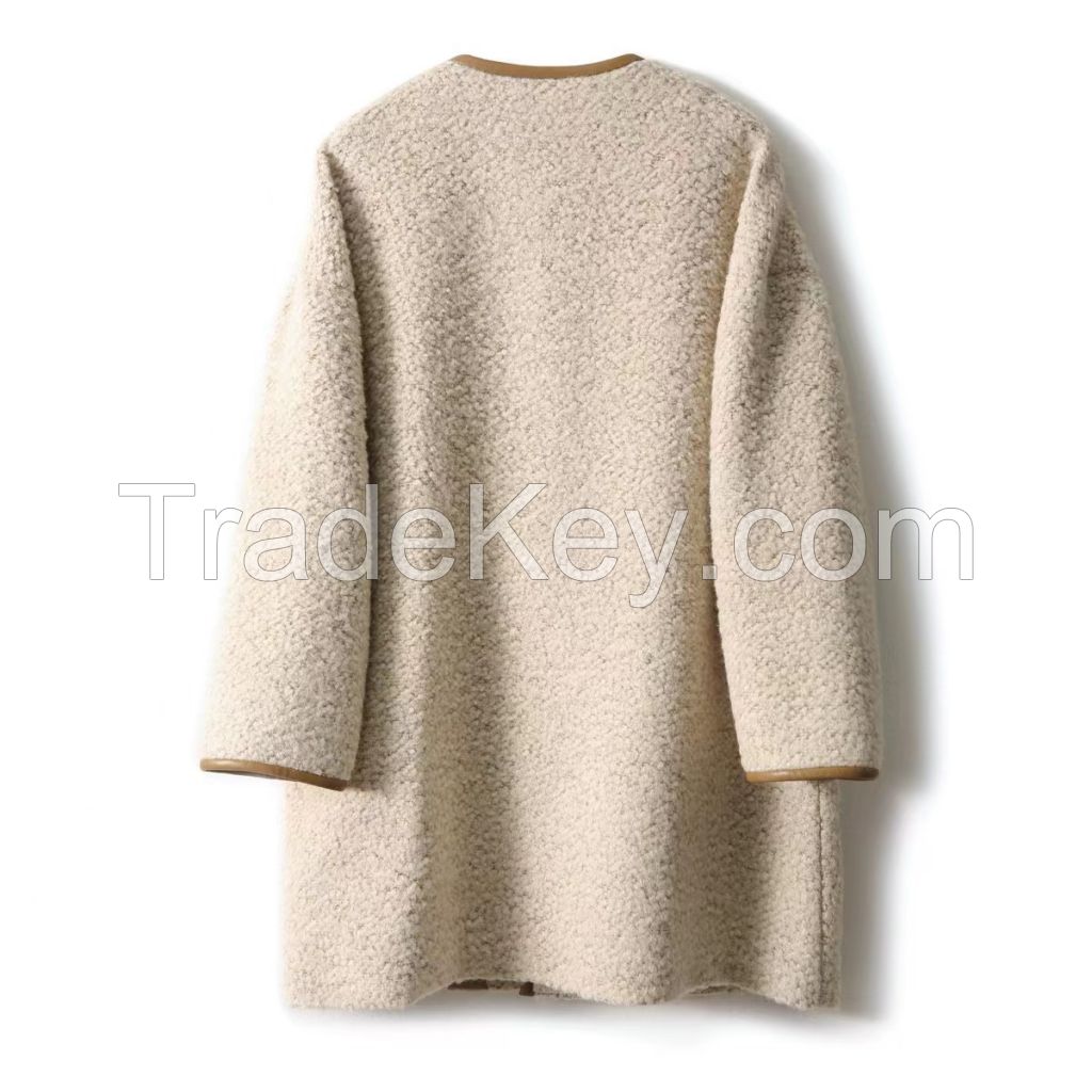 Simple and elegant shoulder silhouette shows thin fancy cloud special yarn long wool overcoat women