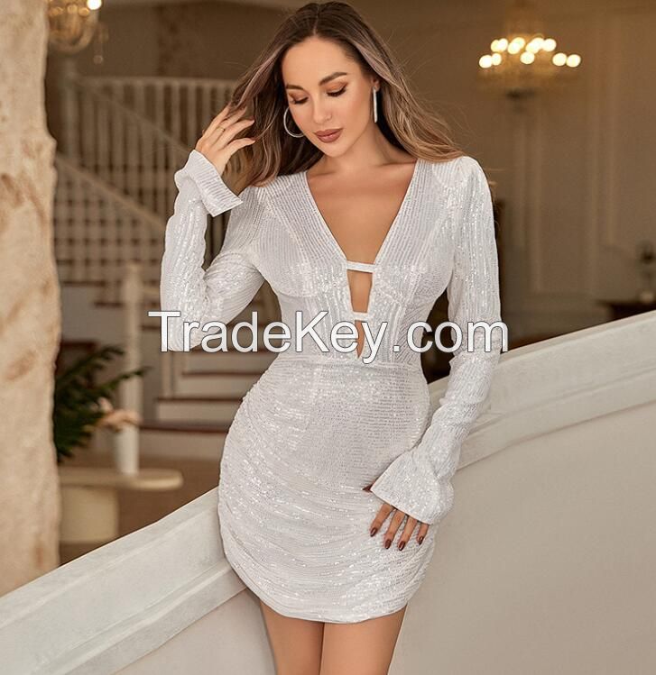 ladies sexy dress slim fit dress V neck short dress sequin dress wedding dress