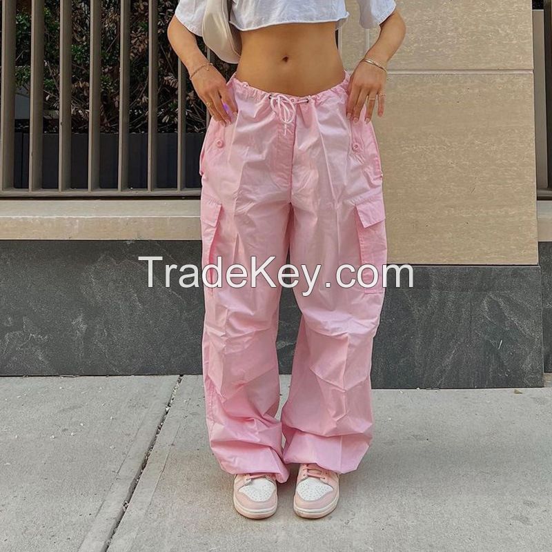 Fashion Design Loose straight Cargo Pants Cotton Polyester high waist wide leg casual pants for Women