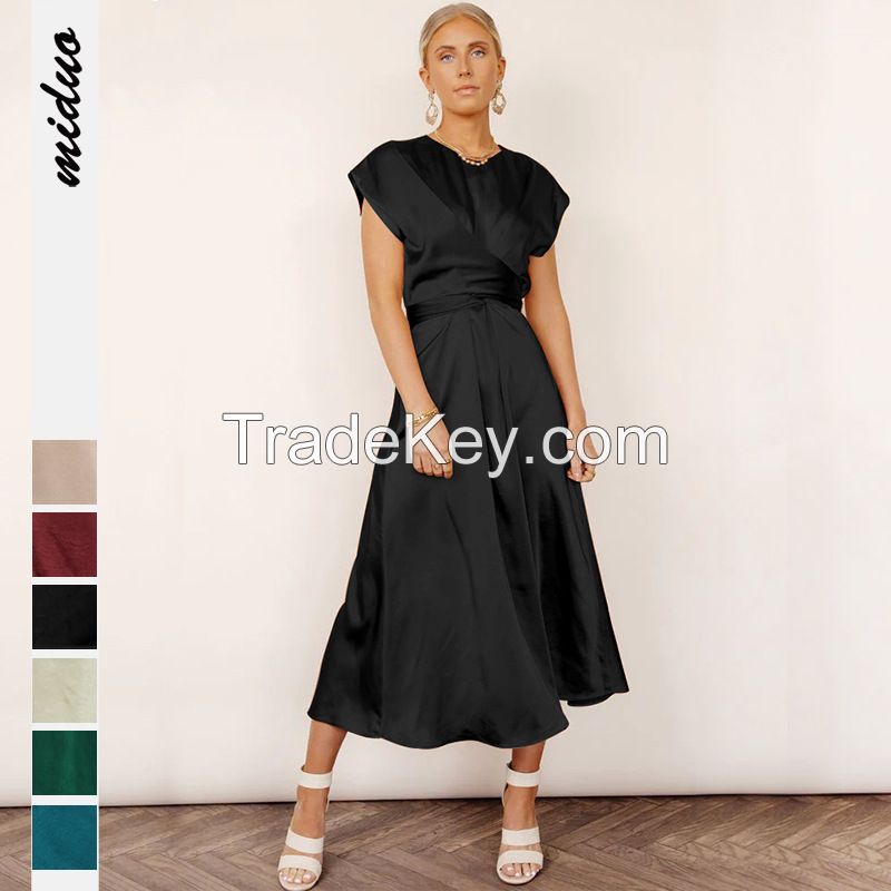 Fast Sample Designer Dresses Women Satin Crew Neck Sleeveless Zipper Back Ruched Waist Tie Silky Elegant Ladies Dress