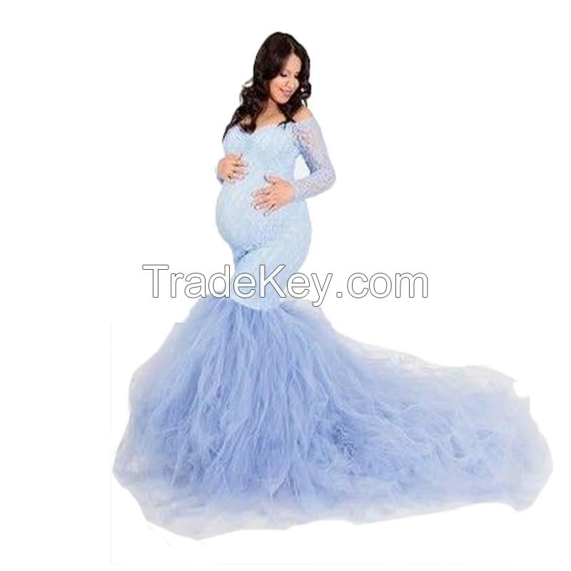 Fashionable Lace Stitching Mesh Pregnant Women Fluttering Full Sleeves Long Skirt Light Blue Maternity Maxi Photography Dress