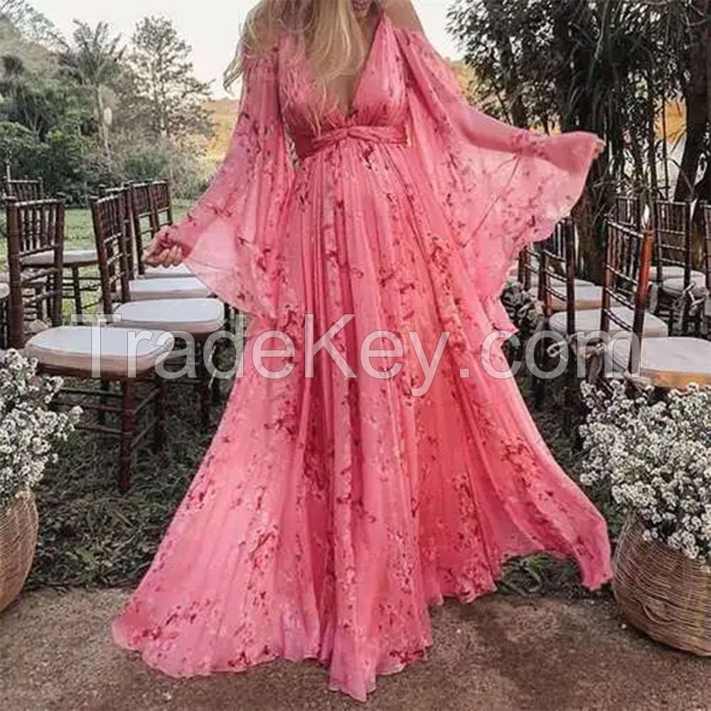 Sweet Deep V-neck Printing Sexy Long Sleeves Pleated Floor-length Dress Maternity Lining Maternity Photoshoot Dress