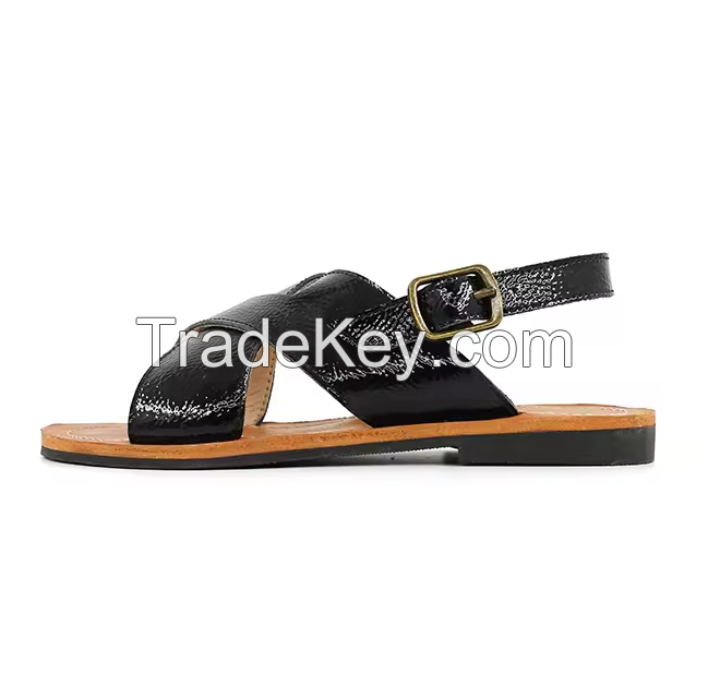 Brand OEM Design Custom Logo Made PU Leather Cross Strap Casual Flat Boy Sandal