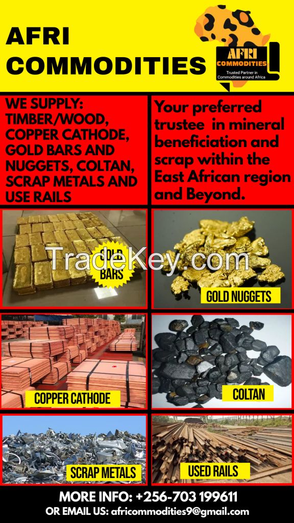 Gold bars and Nuggets, copper Cathode, Used Rails, coltan