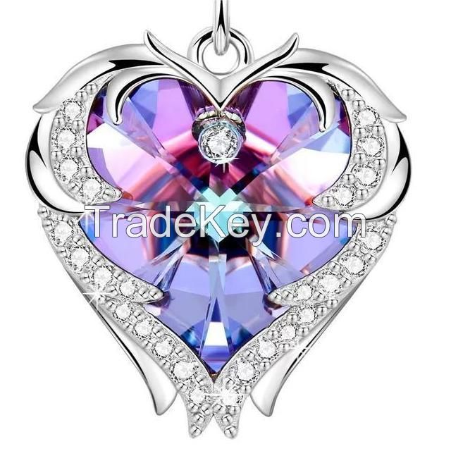 Custom Silver Jewelry Manufacturer Sterling Silver Heart Pendant Necklace Trendy Pink Crystal Heart Pendant