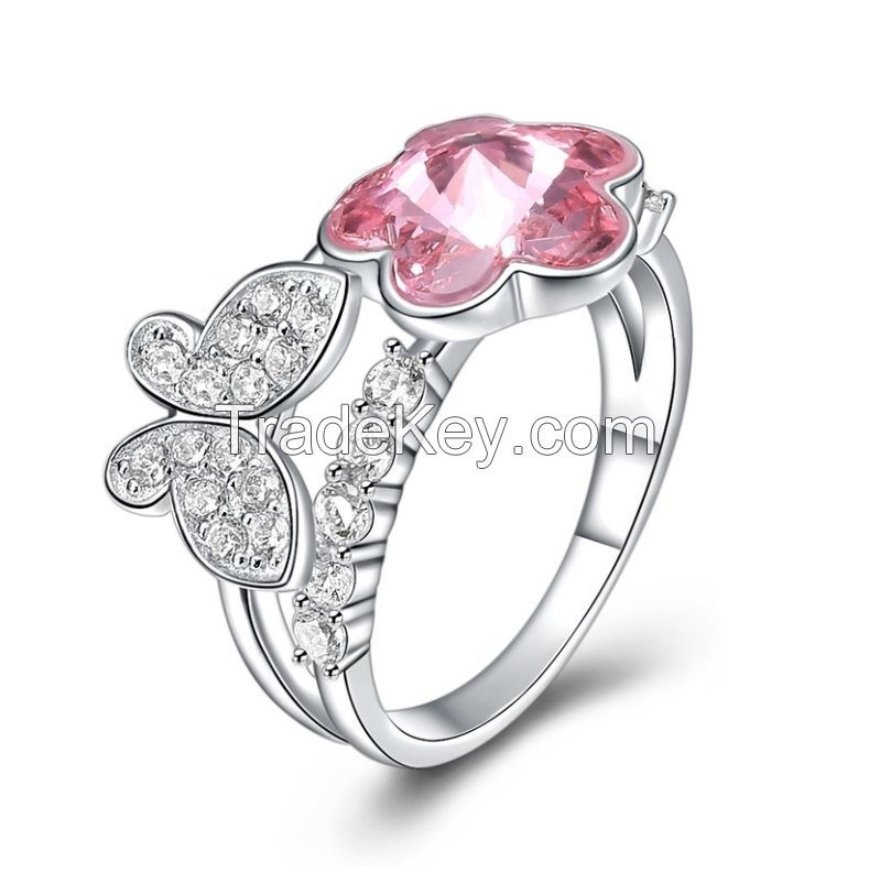 3g 1.1cm Sterling Silver Jewelry Rings 18k Gold Plating Pink Butterfly Ring