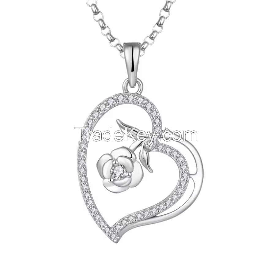 YASVITTI Wholesale Custom Women's Pendant Necklace Fine Jewelry Rhodium Plated Beautiful Rose 925 Sterling Silver Heart Necklaces