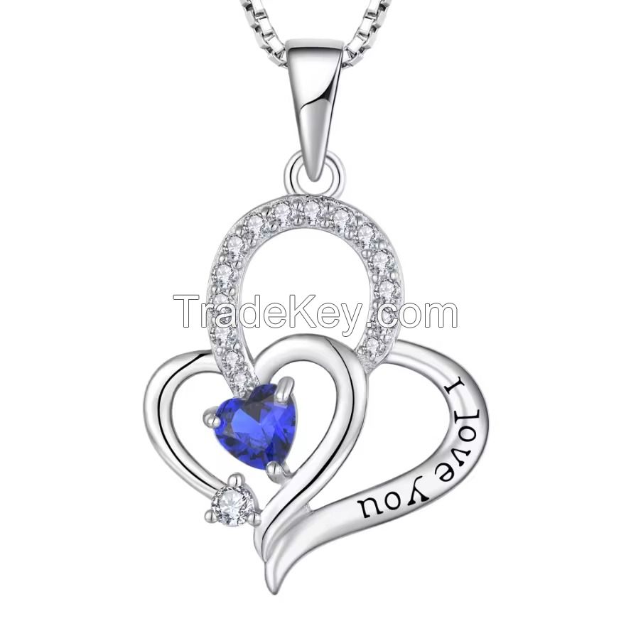 YASVITTI Real Silver I Love You Heart Pendant Necklace Multi Colored Heart Cubic Zirconia Luxury Silver 925 Heart Necklace Jewelry