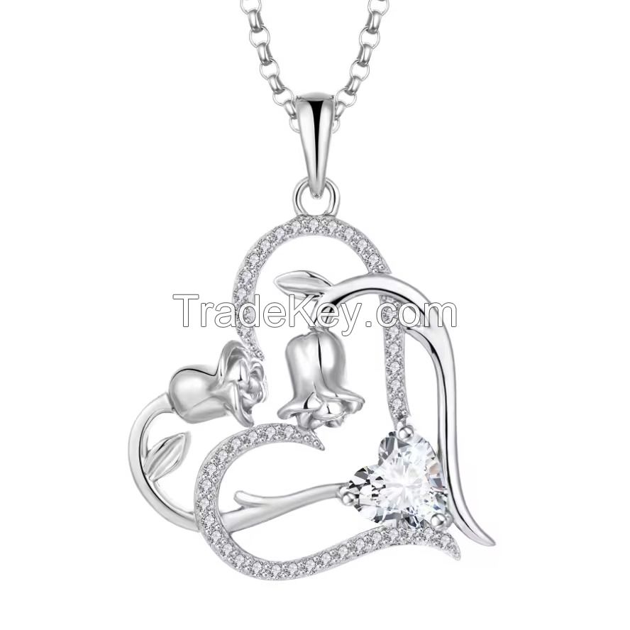 YASVITTI OEM Wholesale Women's Gift Heart to Heart Necklace Cubic Zirconia Rhodium Plated Sweet 925 Sterling Silver Double Heart Necklace