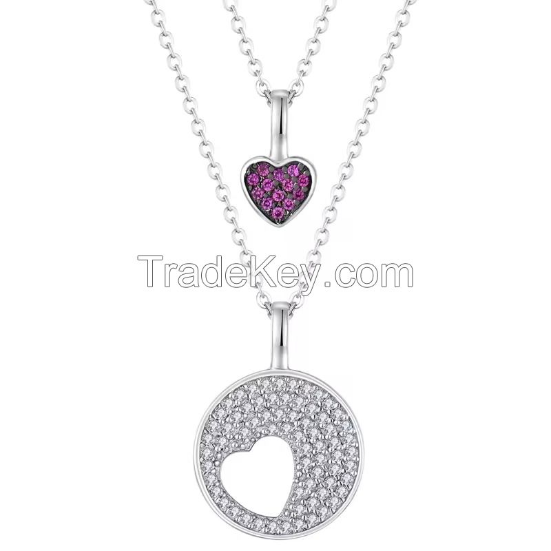 YASVITTI Wholesale Rhodium Plated CZ Women 925 Sterling Silver Zircon Jewelry Making Customized Romantic Pink Heart Bling Charm Necklace