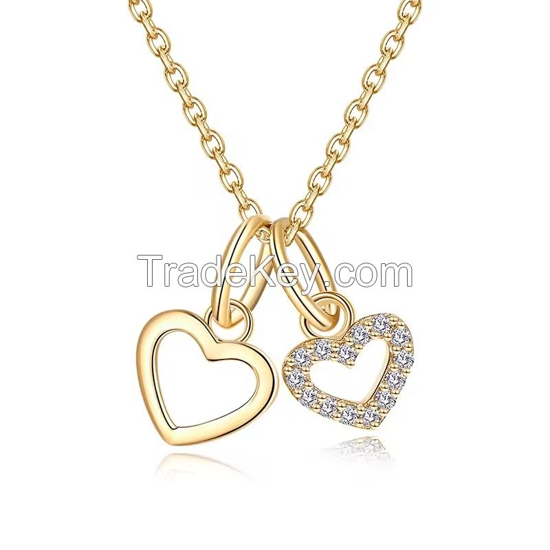 YASVITTI Wholesale 925 Sterling Silver Two Hearts Necklace Charm Custom Gold Plated Heart Necklace Jewelry